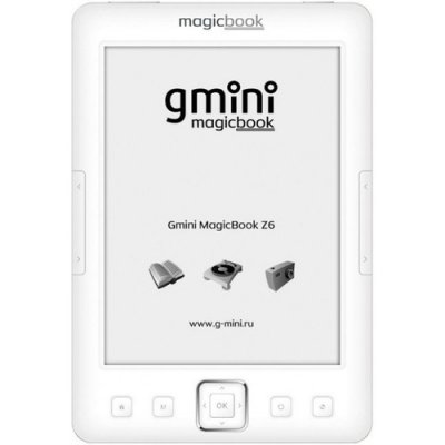     Gmini MagicBook Z6 White (6", mono, 800x600,4Gb,FB2/TXT/DJVU/ePUB/PDF/HTML/DOC/MP3
