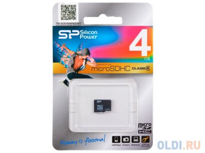     Silicon Power (SP004GBSTH010V30) MicroSDHC Memory Card 4Gb Class10 + microSD--)SD + mic