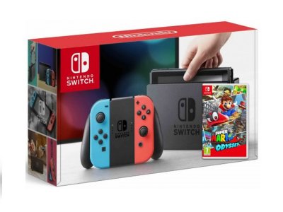    Nintendo Switch Neon Red-Neon Blue + Super Mario Odyssey Bundle