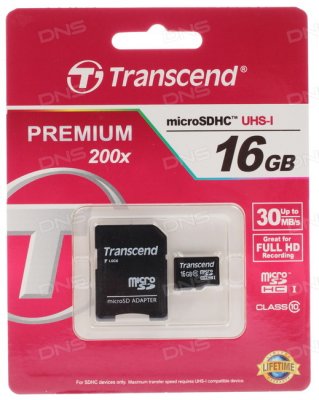   16Gb microSDHC Transcend (TS16GUSDHC10-P3), Class 10 + USB2.0   RDP3, RTL