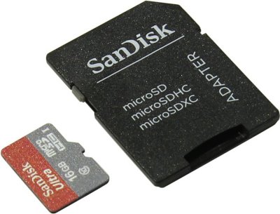     SanDisk Ultra (SDSQUNC-016G-GN6IA) microSDHC Memory Card 16Gb UHS-I U1 Class10 + microS