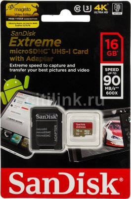     Sandisk Extreme microSDHC 16Gb Class 10 UHS-I U3 + ADP (90/40 MB/s), SDSQXNE-016G-GN6MA