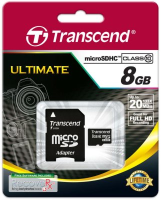     Transcend (TS8GUSDHC10) microSDHC Memory Card 8Gb Class10 + microSD--)SD Adapter