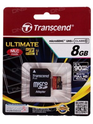     Transcend (TS8GUSDHC10U1) microSDHC Memory Card 8Gb Class10 + microSD--)SD Adapter