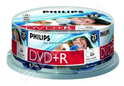    DVD+R Philips 4.7Gb 16x Cake Box Printable (25 ) (DR4I6B25F/97)