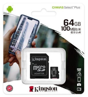     micro SDXC 64Gb Kingston Canvas Select Plus UHS-I U1 A1 + ADP (100/10 Mb/s)