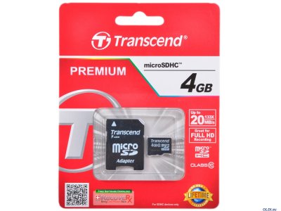     Transcend (TS4GUSDHC10) microSDHC Memory Card 4Gb Class10 + microSD--)SD Adapter