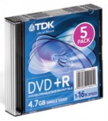   DVD+R TDK 4.7 , 16x, 5 ., Slim Case Color, (DVD+R47SCMIXED5),  DVD 
