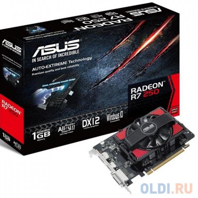   ASUS  ASUS Radeon R7 250 1000Mhz PCI-E 3.0 1024Mb 4600Mhz 128 bit DVI HDMI HDCP R7250-1GD5