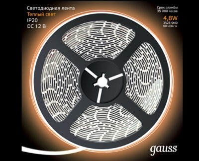     Gauss LED 2835/60-SMD 4.8W 12V DC 5m Warm White 312000105