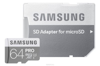   MicroSDXC 64GB Samsung PRO Class 10 / U3 (UHS-I) + SD  (read speed up to 90MB/s,