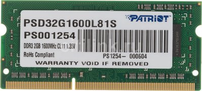    DDR3 2Gb 1600MHz Patriot PSD32G1600L81S RTL PC3-12800 SO-DIMM 204-pin