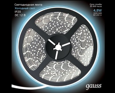     Gauss LED 2835/60-SMD 4.8W 12V DC 5m Cold White 312000305